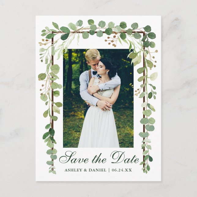 Elegant Botanical Photo Green Save The Date Announcement Postcard (Front)