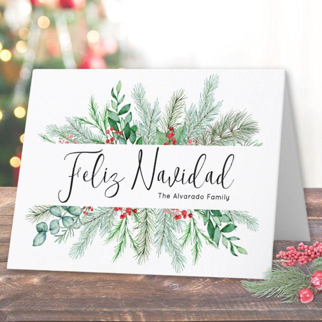 Elegant Botanical Pine Christmas Feliz Navidad Holiday Card (Elegant Bontanical Pine Christmas Feliz Navidad Holiday Card)