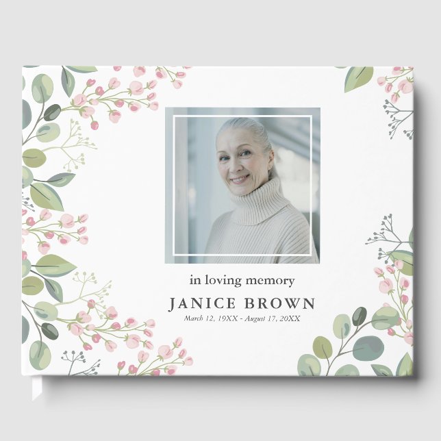 Elegant Botanical Pink Blossom Photo Funeral Guest Book (Front)