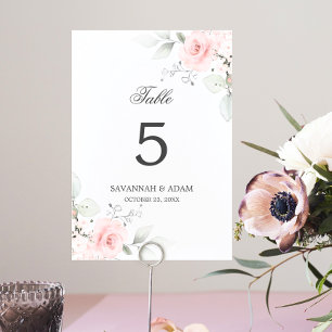 Elegant Botanical Pink Rose Greenery Table Number