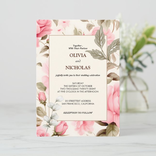 Elegant Botanical Pink Roses Floral  Invitation (Standing Front)