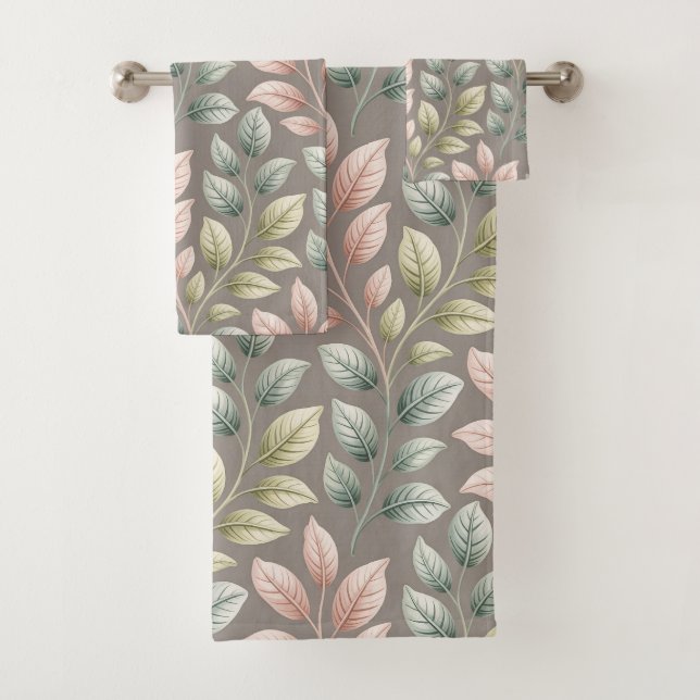 Elegant Botanical Pink & Sage Leaf Pattern Bath Towel Set (Insitu)