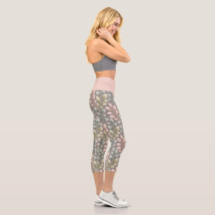 Elegant Botanical Pink & Sage Leaves Yoga Exercise Capri Leggings