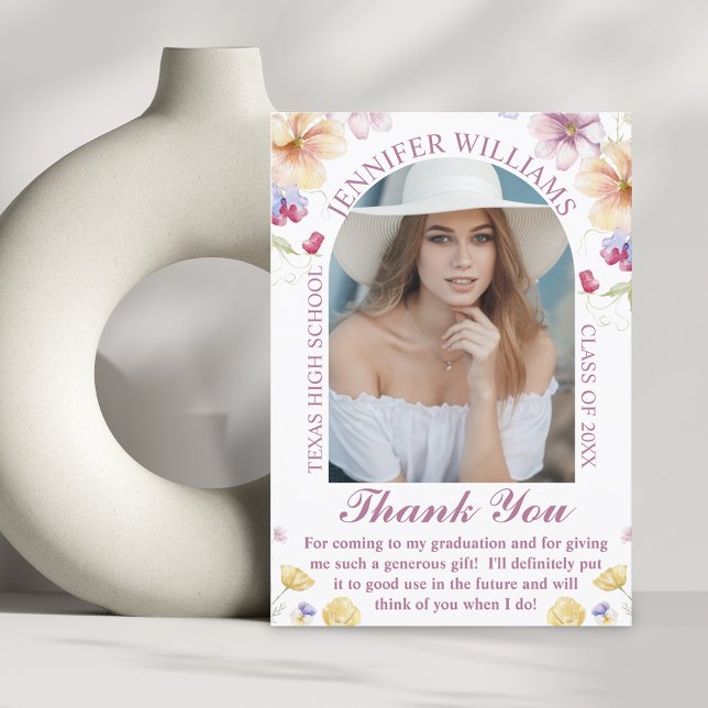 elegant botanical pink script graduation photo thank you card (Creator Uploaded)