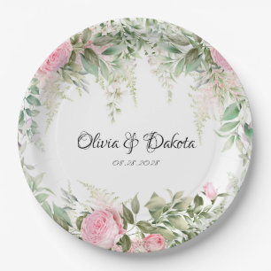 Elegant Botanical Pink Wisteria Floral Wedding Paper Plate