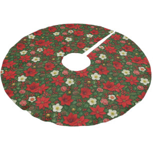 Elegant Botanical Poinsettia Floral Art Pattern Brushed Polyester Tree Skirt