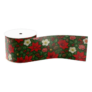 Elegant Botanical Poinsettia Floral Art Pattern Grosgrain Ribbon