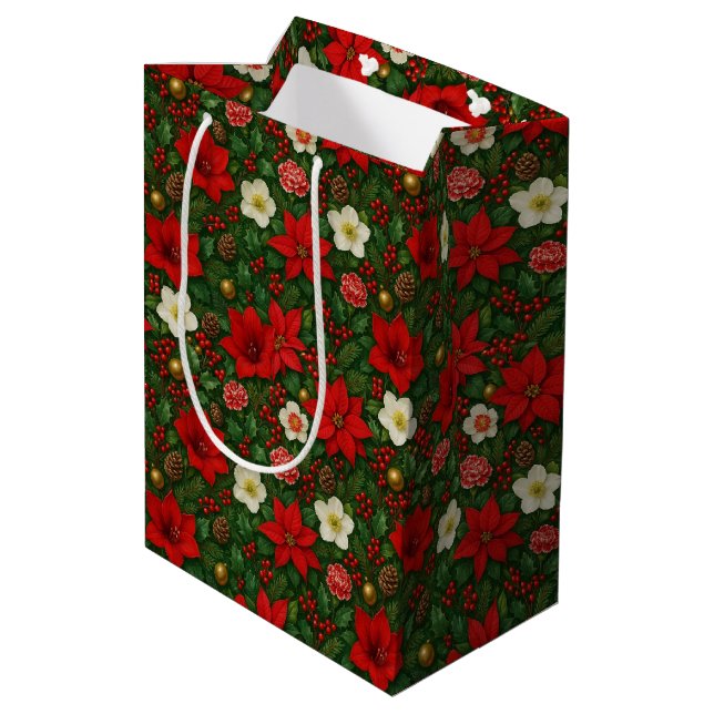 Elegant Botanical Poinsettia Floral Art Pattern Medium Gift Bag (Back Angled)