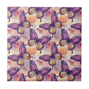 Elegant Botanical Purple Butterfly Floral Pattern Tile