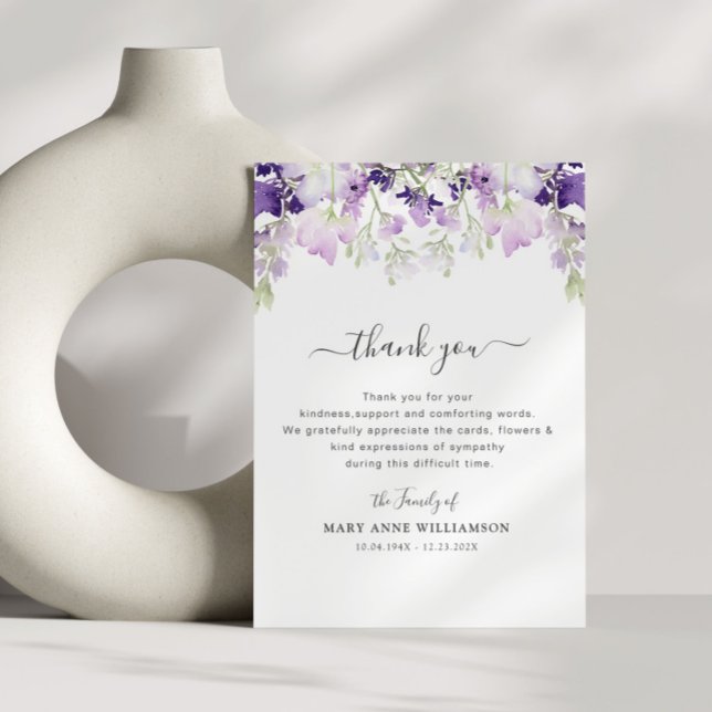 elegant botanical purple funeral thank you note card (Creator Uploaded)
