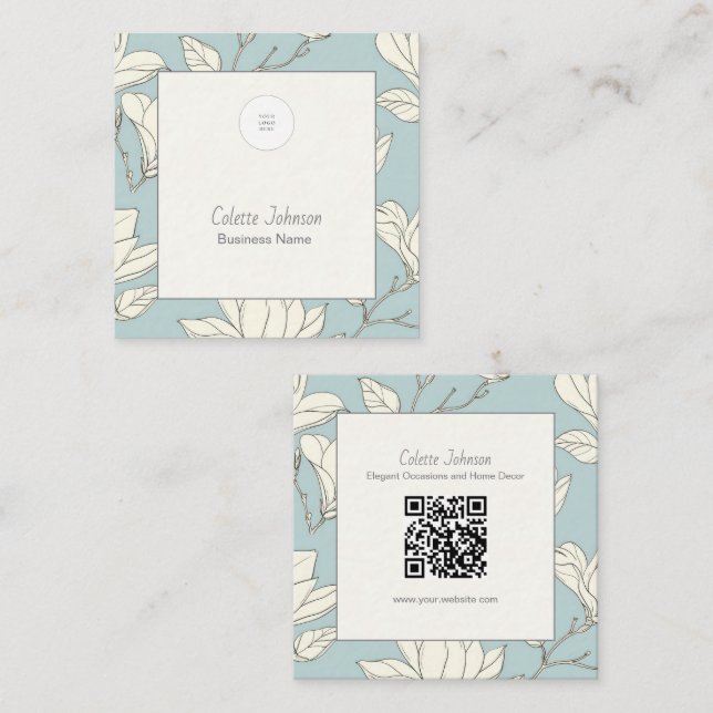 Elegant Botanical QR Code Square Business Card (Front/Back)
