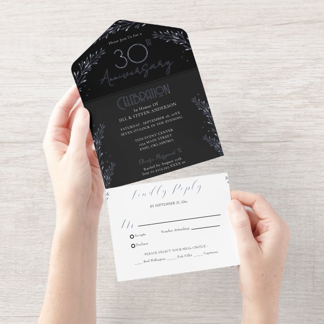 Elegant Botanical Real Foil 30th Anniversary All In One Invitation (Tearaway)