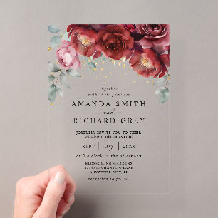 Elegant Botanical Red and Gold Floral Wedding Acrylic Invitations