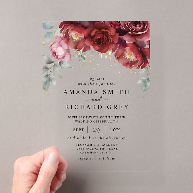 Elegant Botanical Red and Gold Floral Wedding Acrylic Invitations (Insitu (Handheld))