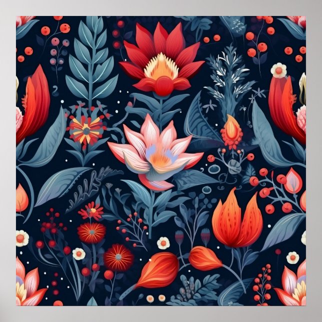 Elegant Botanical Red Blue Teal Pattern MIdnight Poster (Front)