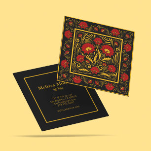 Elegant Botanical Red Flowers & Gold Typography Square Business Card