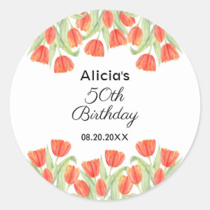 Elegant Botanical Red Tulip 50th Birthday Classic Round Sticker