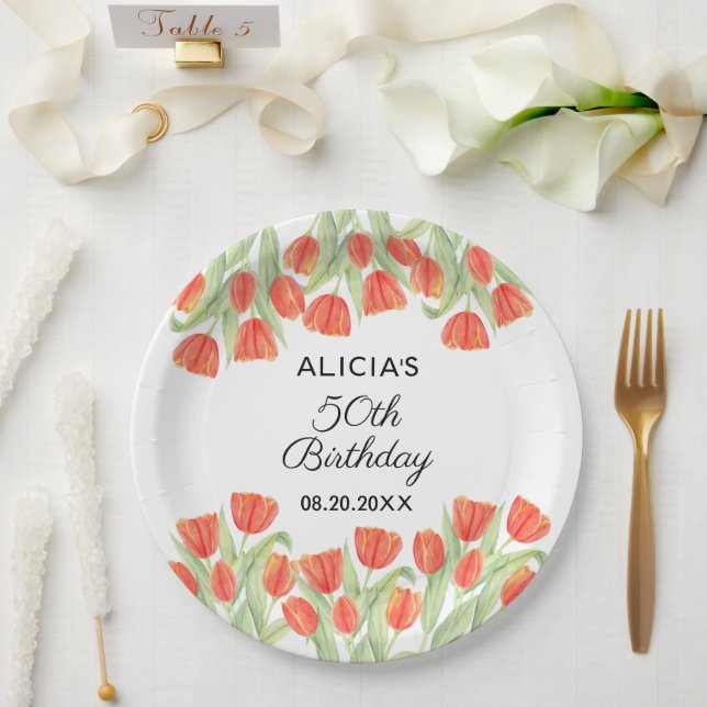 Elegant Botanical Red Tulip 50th Birthday  Paper Plate (Wedding)