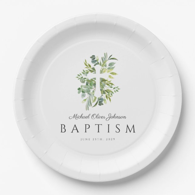 Elegant Botanical Religious Cross Baptism Paper Plate (Front)