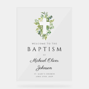 Elegant Botanical Religious Cross Baptism Welcome Acrylic Sign