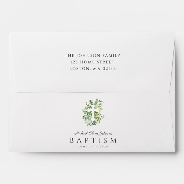 Elegant Botanical Religious Cross Green Baptism  Envelope (Back (Top Flap))