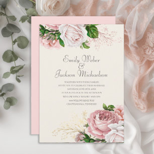 Elegant Botanical Roses Pink Floral Cream Wedding Invitation