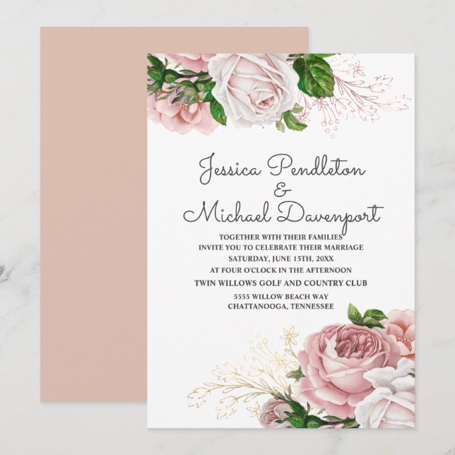 Elegant Botanical Roses Pink Floral White Wedding Invitation (Front/Back)