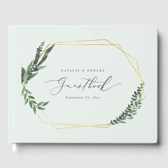 Elegant botanical rustic script modern wedding guest book (Front)