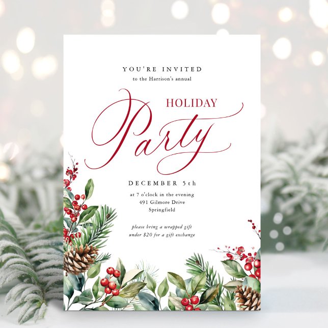 Elegant Botanical Script Holiday Party Invitation (Creator Uploaded)