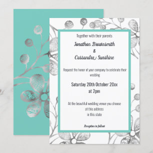 ELEGANT BOTANICAL SILVER GRAY WHITE AQUA WEDDING INVITATION