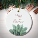 Elegant Botanical Succulent Christmas  Ceramic Ornament<br><div class="desc">Enjoy this Merry Christmas succulent ceramic ornament, with a green botanical design on a white background. With dark red typography, you can customize with your own message. The back of the ornament has a matching red colour. This elegant piece makes a stylish gift for someone special or for adding to...</div>