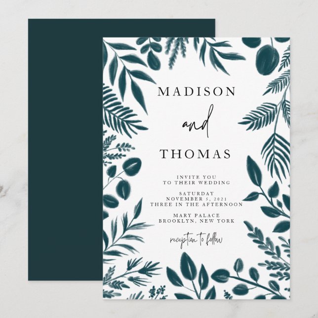 Elegant Botanical Teal Blue Wedding Invitation (Front/Back)