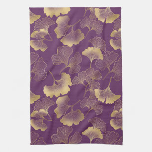 Elegant Botanical Teal Leaves with Gold Highlights Kitchen Towel