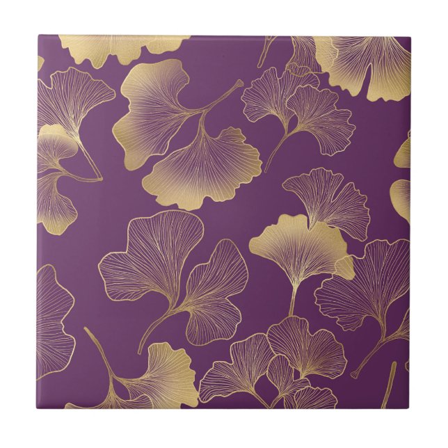 Elegant Botanical Teal Leaves with Gold Highlights Tile (Front)