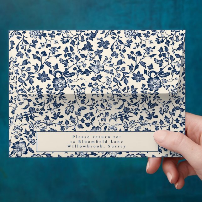 Elegant botanical-themed blue and cream envelope (Hand)