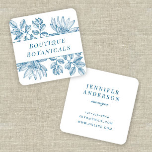 Elegant Botanical Vintage Typography Blue White   Square Business Card