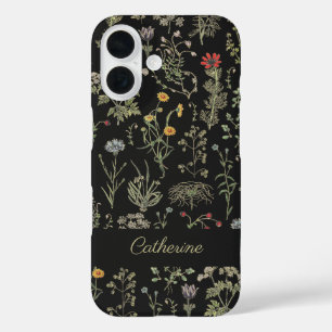 Elegant Botanical Vintage Wildflowers Name Black iPhone 16 Case
