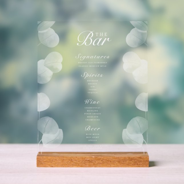 Elegant Botanical Wedding Bar Menu Acrylic Sign (Neutral)