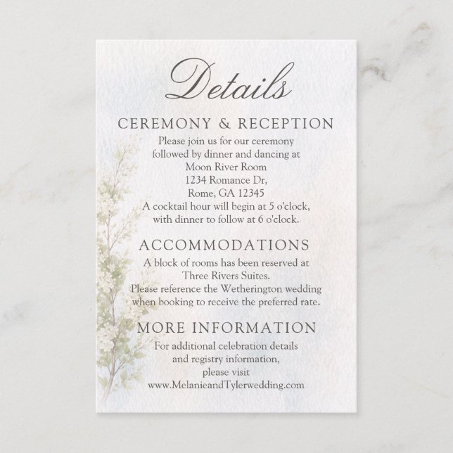 Elegant Botanical Wedding/Reception Details Card (Front)