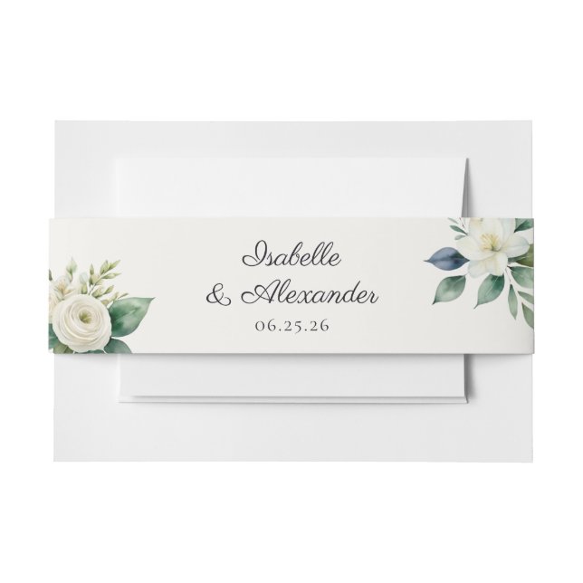 Elegant Botanical White Floral Custom Wedding Invitation Belly Band (Front Example)