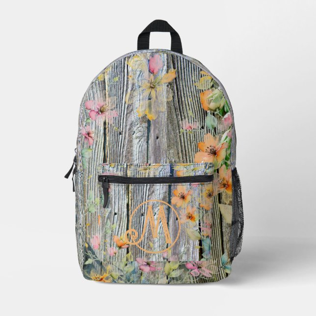  Elegant botanical wildflowers rustic wood grain Printed Backpack (Front)