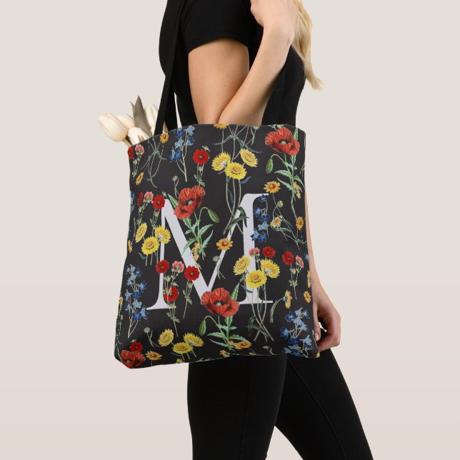 Elegant Botanical Wildflowers with Name Monogram Tote Bag (Close Up)