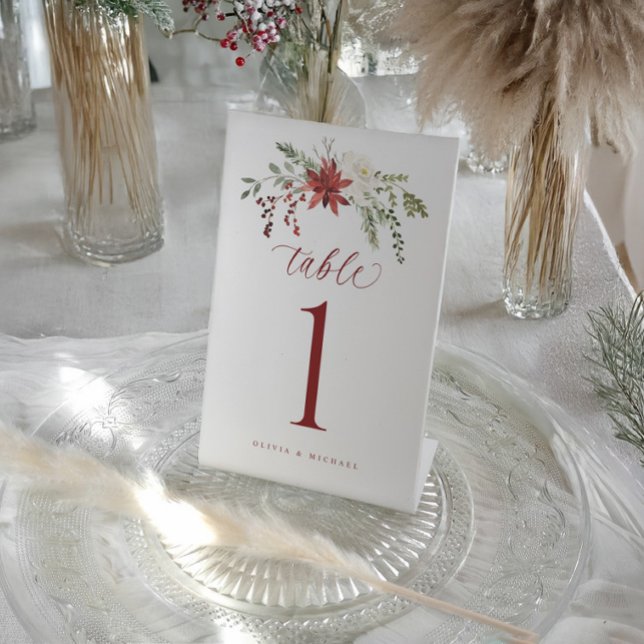 Elegant Botanical Winter Wedding Table Numbers Pedestal Sign (Elegant winter or December wedding table numbers with watercolor red and green berries design)