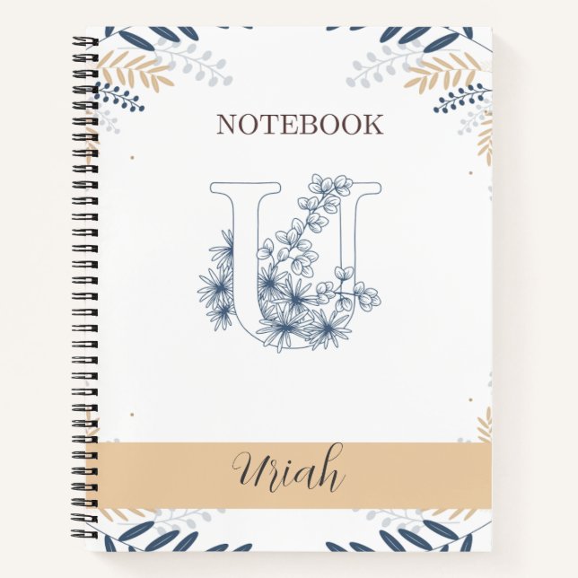 Elegant Botanical with Initial U Notebook (Front)