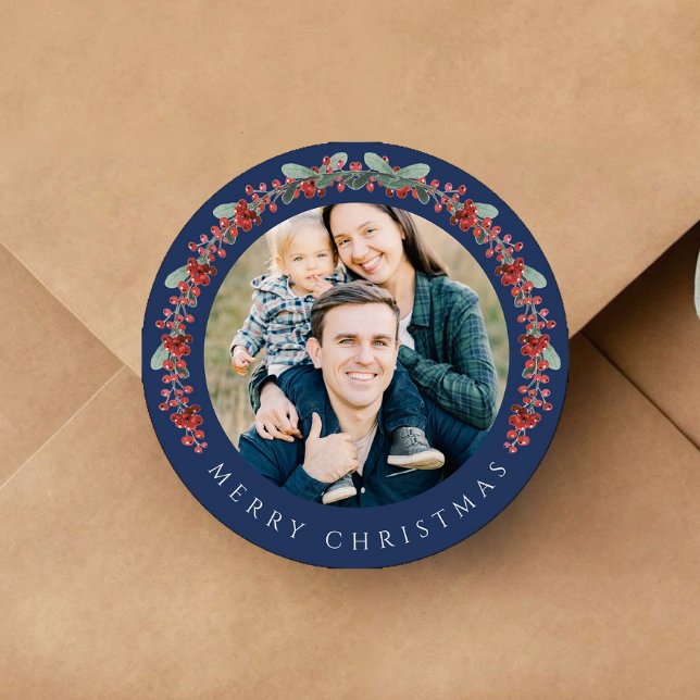Elegant Botanical Wreath Photo Christmas Classic Round Sticker (Elegant Botanical Wreath Photo Christmas Classic Round Sticker)