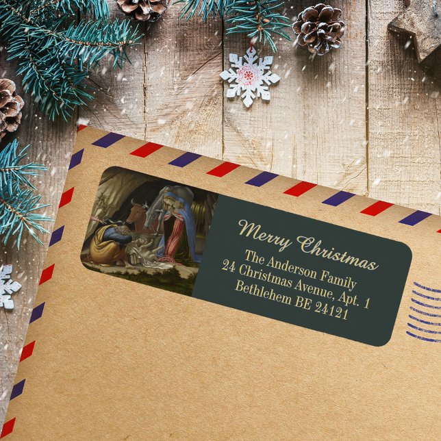 Élégant Botticelli Christian Christmas Adresse (Elegant Green Grey Gold Botticelli Religious Christian Catholic Christmas Return Address Label)
