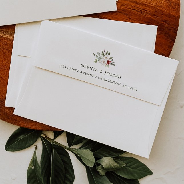 Elegant Bouquet | Christmas Holiday Wedding Envelope (A simple and festive white Christmas wedding envelope with watercolor holiday flowers)