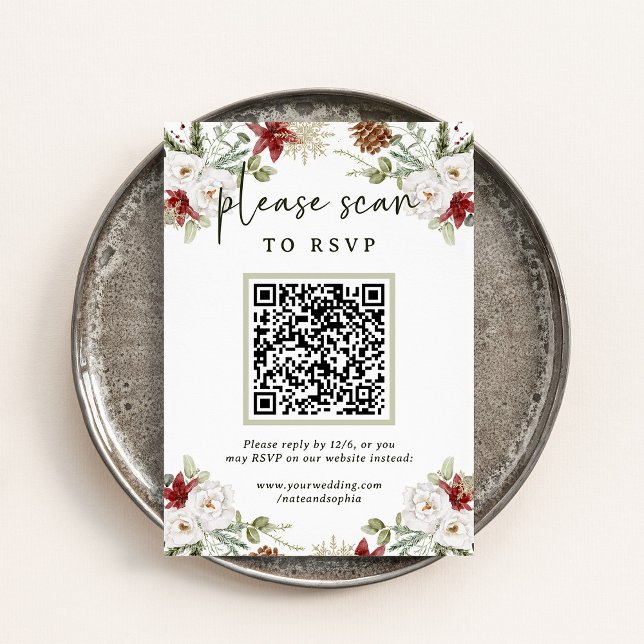 Elegant Bouquet | Christmas RSVP with QR Code Enclosure Card (This modern QR code RSVP card insert is so convenient and beautiful for your Christmas wedding!)