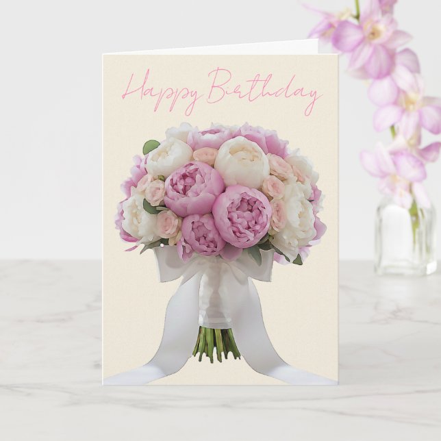Elegant Bouquet of Peonies Custom Text Birthday  Card (Orchid)