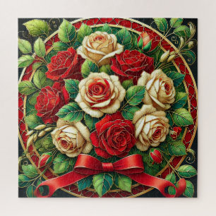 Elegant Bouquet of Red and White Roses Jigsaw Puzzle
